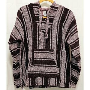 Vtg SANFE Mexican Baja Poncho Hoodie Surfer Skater Drug Rug Pullover Sz Large